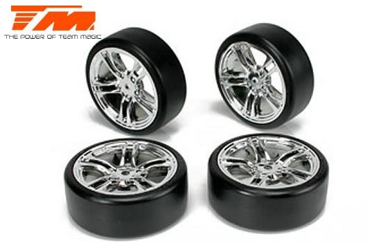 Reifen - 1/10 Drift - montiert - 5 Spoke Silber Felgen - 12mm Hex - Hard (4 Stk.)